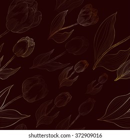 Tulips - flowers and leaves. Vector line drawing. Wallpaper.