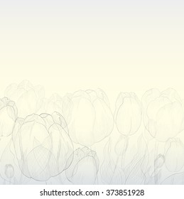 Tulips - flowers and leaves. Vector line drawing. Wallpaper.