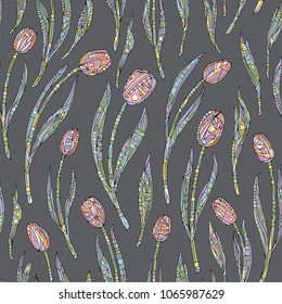 Tulips flowers pattern. Floral seamless vector background in modern style. Hand drawn nature texture for wallpaper, wrapping paper, textile design, surface, fabric.