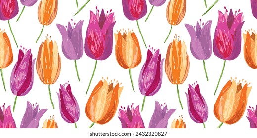 Tulips flowers pink yellow hand drawn seamless pattern, vector background textile,paper,fabric,wallpaper