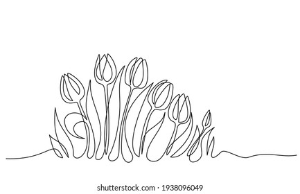 Tulips flowers row border  Continuous one line drawing  Minimalist contour artwork  Vector illustration