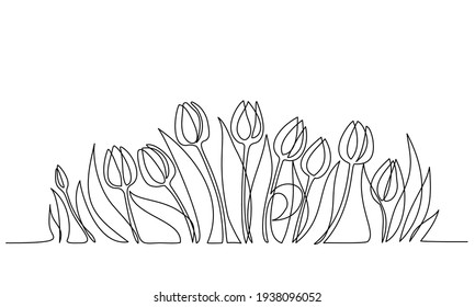 Los tulipanes florales bordean la fila. Dibujo continuo de una línea. Obra de contorno minimalista. Ilustración del vector