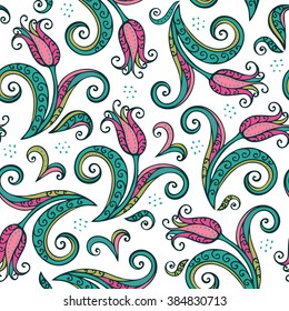 Tulips flowers Seamless pattern. Decorative floral background. Colorful vector illustration.