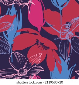 Tulips flowers stems seamless pattern. Red and blue flowers background