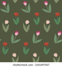 Tulips flowers vector seamless spring pattern