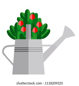 Tulips flowers in a watering can, garden vector icon, flat style.