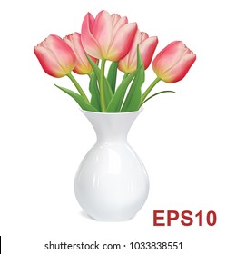 Tulips flowers in white vase. Vector illustration