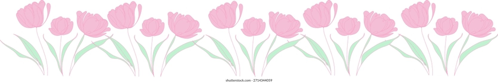 Tulips frame. Background with soft pink tulip flowers and green leaves in a delicate pastel style, perfect for spring and floral designs.