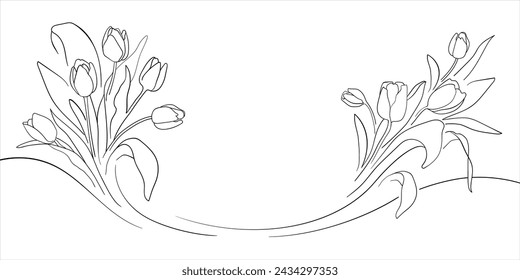 Tulips frame bouquet design. Elegance 8 March holiday outline card decoration. Continuous one line drawing. Vector illustration