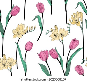 Tulips and freesia. Seamless vector botanical pattern.