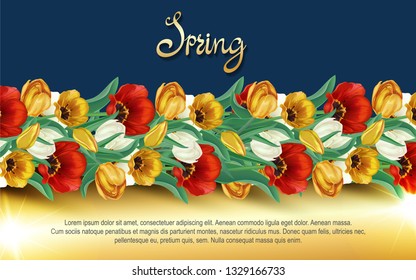 Tulips, garland of flowers, spring background. Discounts, promotions, greeting card, banner, advertising suitable for holidays: March 8, women's day, poster for spring, birthday, wedding