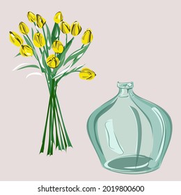 Tulips in a glass or clay vase. Decoration of the interior with plants. Home comfort. Nature, flowers. Isolated vector objects.