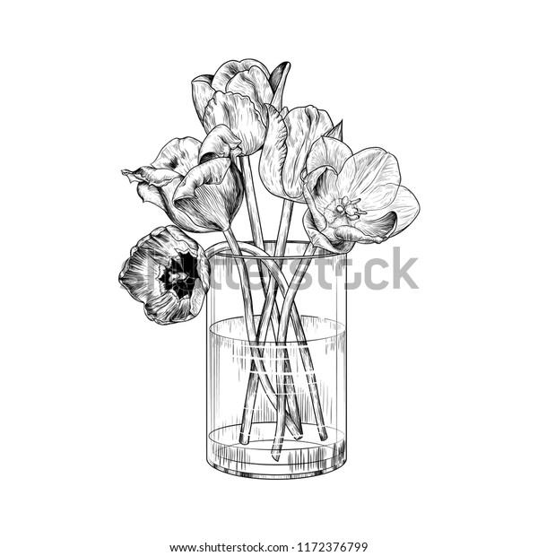 ガラスの花瓶にチューリップ スケッチスタイルの手描きのベクトルイラスト 独立した内部エレメント ビンテージ花柄の構成 のベクター画像素材 ロイヤリティフリー