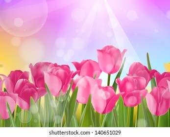 Tulips growing in garden on bokeh background. EPS 10 vector