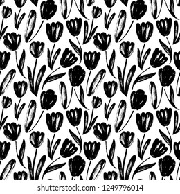 Tulips hand drawn seamless pattern. Black and white ink brush texture. Flowers grunge brushstroke drawing. Spring blooming buds background. Floral textile, wrapping paper vector fill