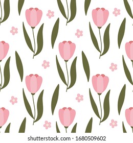 Tulips hand drawn seamless pattern. Spring, fresh flowers drawing. Backdrop with tulips. Botanical wrapping paper, textile, vector illustration 
