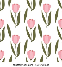 Tulips hand drawn seamless pattern. Spring, fresh flowers drawing. Backdrop with tulips. Botanical wrapping paper, textile, vector illustration 
