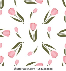 Tulips hand drawn seamless pattern. Spring, fresh flowers drawing. Backdrop with tulips. Botanical wrapping paper, textile, vector illustration 
