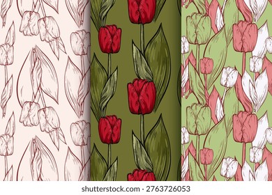 Tulips hand drawn vector seamless patterns set. Many big flowers vintage print design. Bright botanical background. Outline floral texture collection. Spring plant ink art. Graphic linear illustration