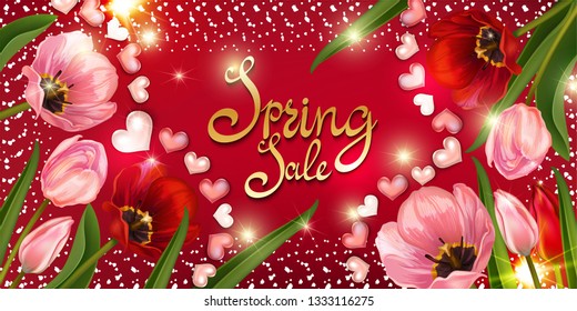 Tulips and hearts on spring background. Action, discounts, sale, greeting card, label, background for the holidays: March 8, women's day, poster for spring, birthday, wedding