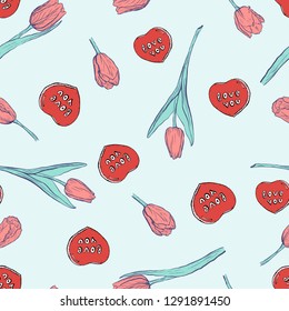 Tulips and hearts seamless pattern with pink and light blue colors. Hand drawn ink sketch  with pink flowers. Flat background in pale tender colors.
