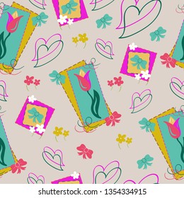 Tulips and hearts seamless pattern with primroses and bows. Floral spring background in pale tender colors,flat style. Floral tulip surface pattern in primitive style with spring flowers.