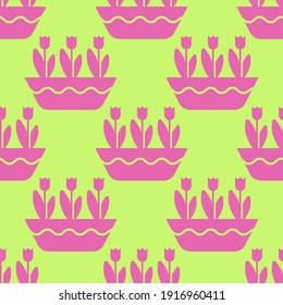 Tulips in a horizontal pot seamless pattern. Pink flowers on a green background. The symbol of a garden or farm. Vector spring background.