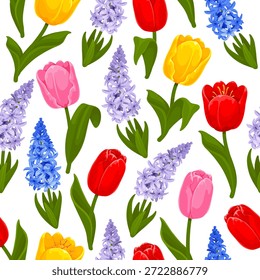 Tulpen und Hyazinthen nahtloses Muster. Frühlings- und Sommergartenblumen. Allover Blumenmuster. Endloses Blumenornament auf weißem Hintergrund. Isolierte Vektorgrafik