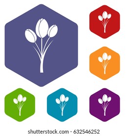 Tulips icons set hexagon isolated vector illustration