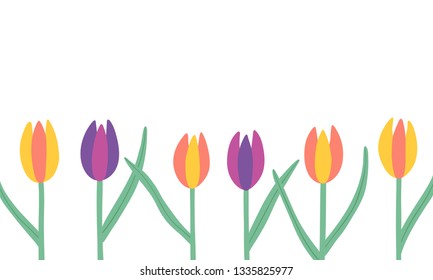 Tulips isolated on white background vector banner. Red, yellow and violet doodle hand drawn flowers with leaves