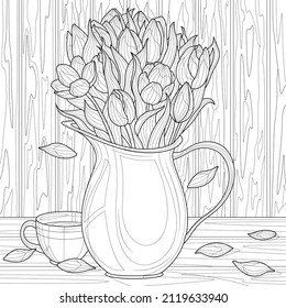  Tulips in a jug on the table and a cup.Coloring book antistress for children and adults. Illustration isolated on white background.Zen-tangle style. Black and white drawing