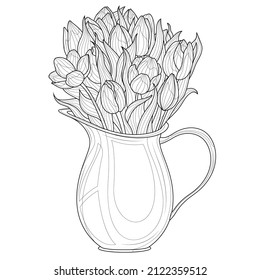
Tulips in a jug.Coloring book antistress for children and adults. Illustration isolated on white background.Zen-tangle style. Hand draw