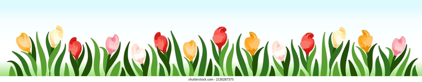 Tulips. Large floral banner with different bright flowers. Rich flowery meadow. Design elements for decoration. Vector graphics