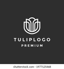 Tulips with leaf logo. Line art, outline, monoline on black background