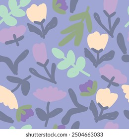 Tulips and leaves on violet background, seamless pattern. Vector illustration.