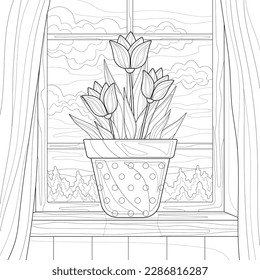 Tulipanes y hojas en la olla con patrones de formas redondeadas, ventana, cortinas, cielo, nubes y árboles. Ilustración de primavera o verano sobre un fondo blanco aislado. Para colorear un libro.