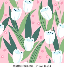 Tulipanes y hojas de patrón sin fisuras sobre un fondo rosa claro. Diseño floral para niños. Perfecto para papel pintado, papel de embalaje, tela o textil.