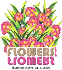 Tulips with letters hand drawn watercolor, EPS10 illustration. For t-shirt design