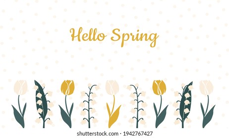 Tulips and lilies of the valley on a polka dot background. Hello spring cute card in trendy colors. Cute floral print for printing on dishes, textiles, clothes, notebooks. Vector graphics.