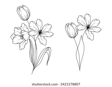 Tulips Line Drawing. Black and white Floral Bouquets. Flower Coloring Page. Floral Line Art. Fine Line Tulips illustration. Hand Drawn flowers. Botanical Coloring. Wedding invitation flowers