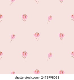 Tulips meadow beige cream background retro color flowers tender seamless pattern. Fabric floral design.