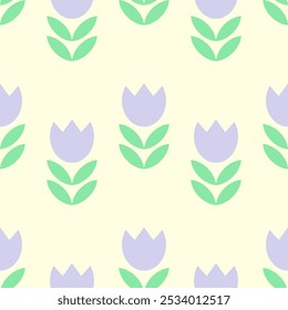 Tulipanes de Vector mínimo sin patrón. Flores simples violetas con hojas verdes sobre fondo beige.