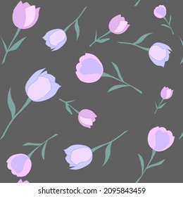 Tulips motif pattern on gray background with pink and purple spring flowers