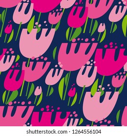 Tulips multicolor vector seamless pattern. Pink, violet, flowers with green leaves. Scandinavian style ornament. Isolated spring blooming, blossom. Floral wallpaper, wrapping paper backdrop