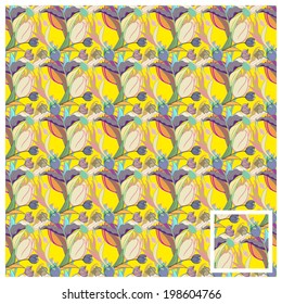 Tulips. Multicolored vector set, seamless texture, ornamental flowers.