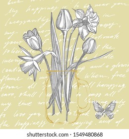 Tulips and Narcissus flowers bouquet isolated on white background. Set of drawing cornflowers, floral elements, hand drawn botanical illustration. Handwritten abstract text