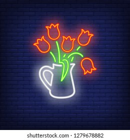 Tulips neon sign. Bunch of flowers in jar on brick wall background. Vector illustration in neon style for topics like love, spring, women day