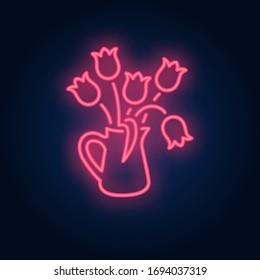 Tulips neon sign. Bunch of flowers in jar on brick wall background. Vector illustration in neon style for topics like love, spring, women day