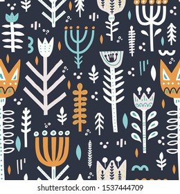 Tulips in nordic style handdrawn seamless pattern. Abstract cartoon flowers on black background. Hand drawn tulip stems vector illustration. Textile, wallpaper, wrapping paper design idea