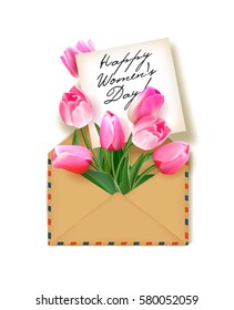Tulips with a note in an envelope. Template for greeting card, banner, an invitation. Happy Women's Day Card. Concept spring background. Vector. The concept of flower delivery.